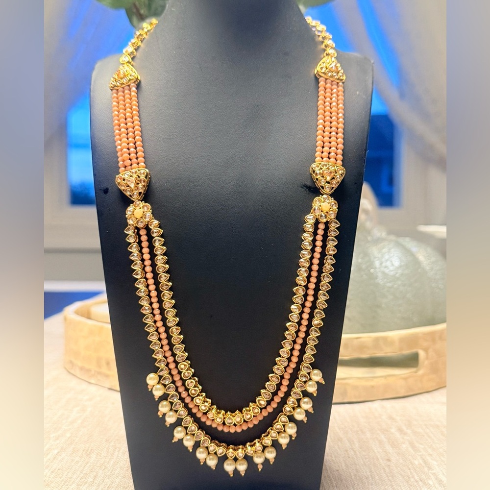 Elegant layered long kundan Gold and Pearl Necklace